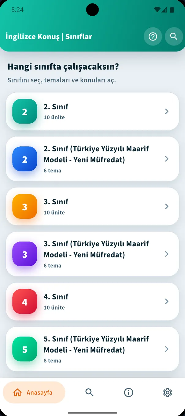Every grade from 2 to 6, two curricula — app screen