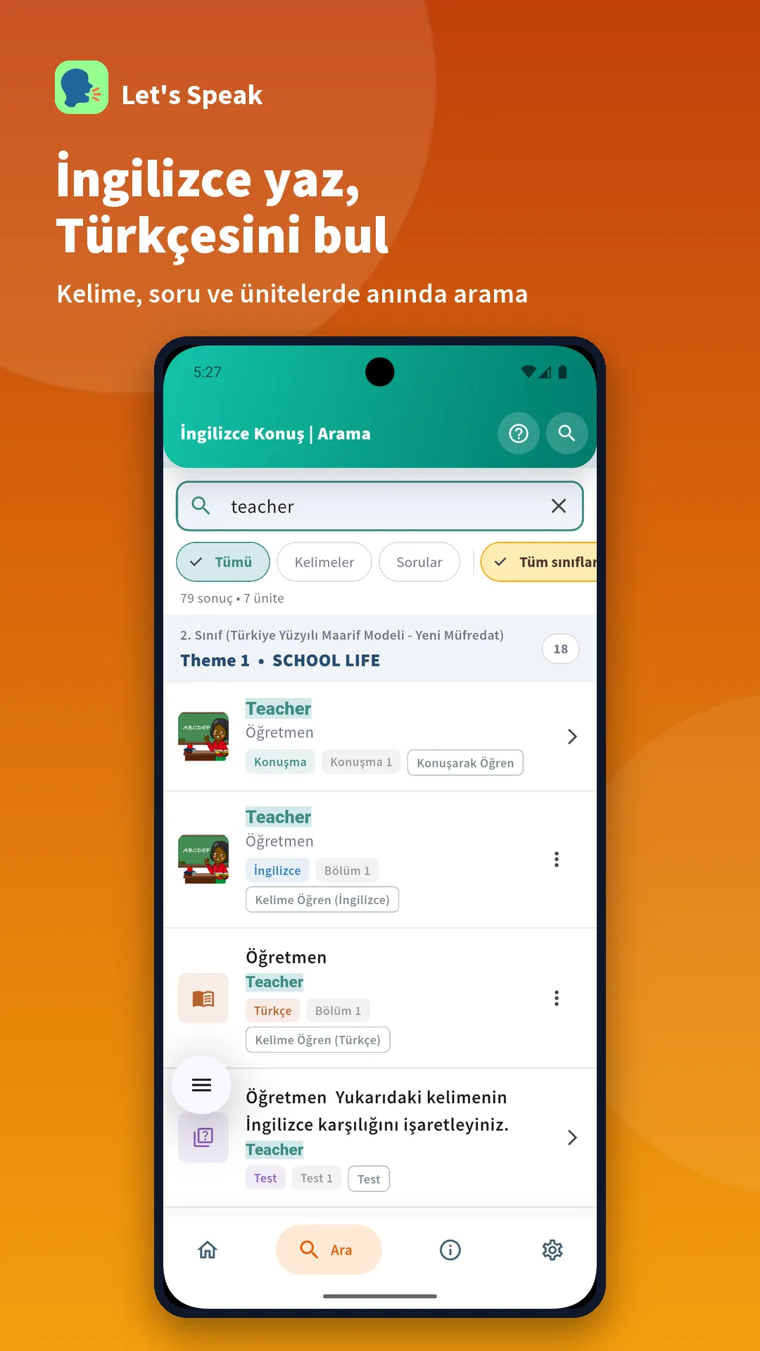 Type English, find the Turkish — app screen