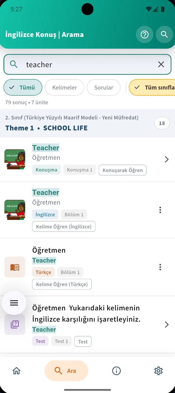 Type English, find the Turkish — app screen