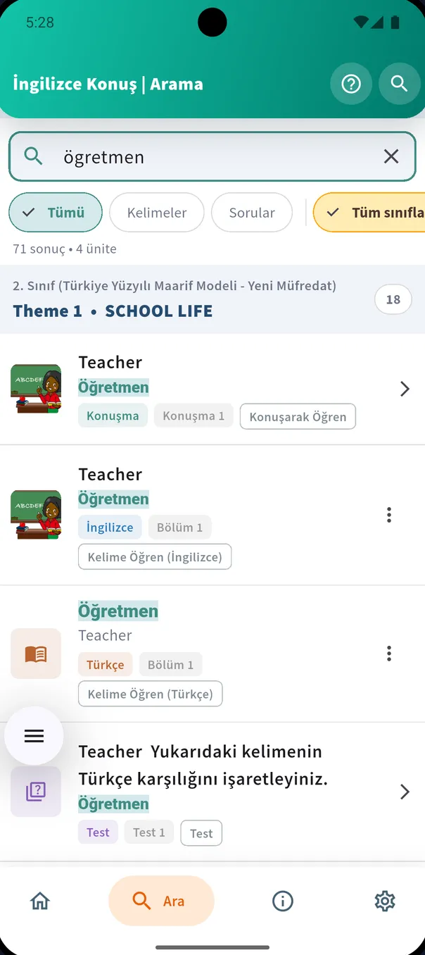 Type Turkish, find the English — app screen