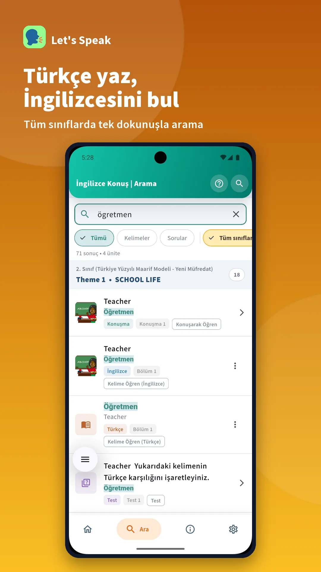 Type Turkish, find the English — app screen