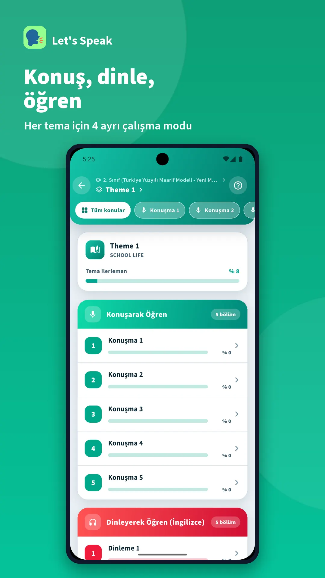 Speak, listen, learn — app screen